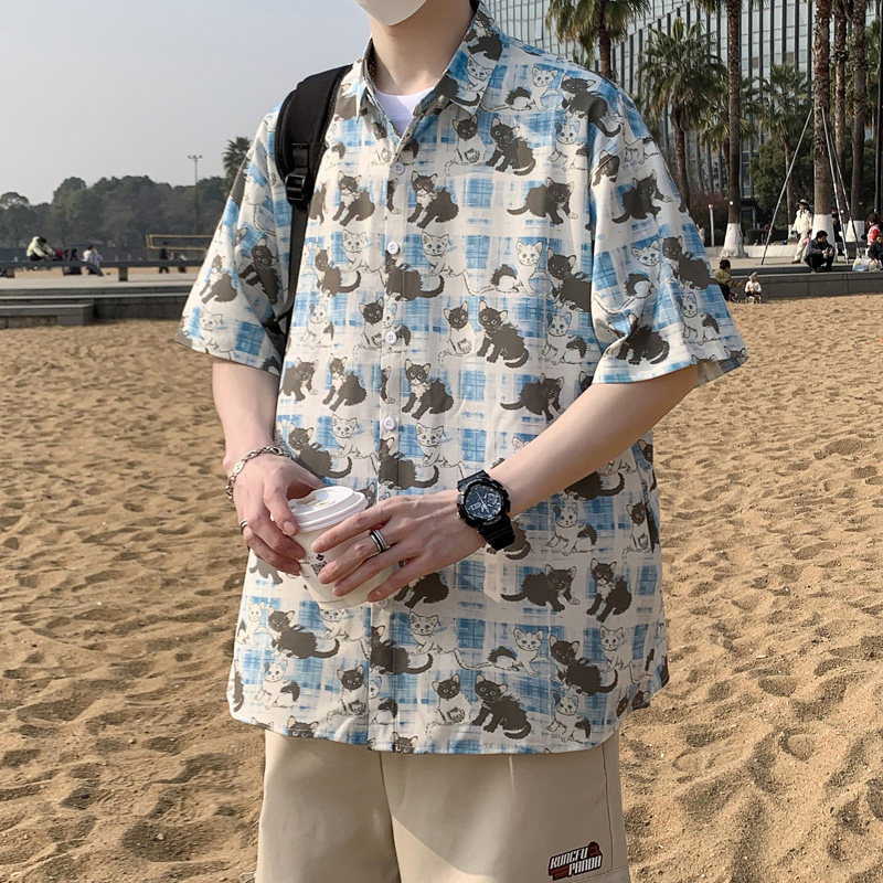 港风沙滩衬衫大码男短袖夏季情侣款衬衣外套D3908P35,男装衬衫,星座101C（原电商A011-3）