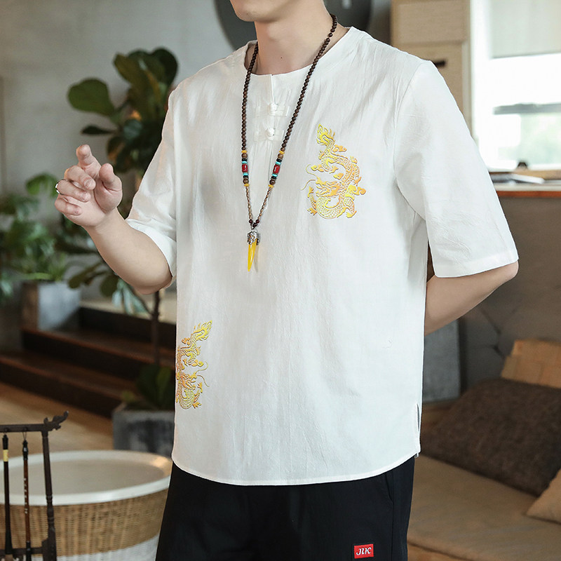 QT4025风民族龙短袖薄款T恤棉麻男大码盘扣T恤男T612P33,男装T恤,星座101C（原电商A011-3）