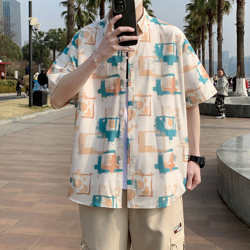 港风夏季情侣款短袖复古花衬衫港风衬衣D3909P35,男装衬衫,星座101C（原电商A011-3）