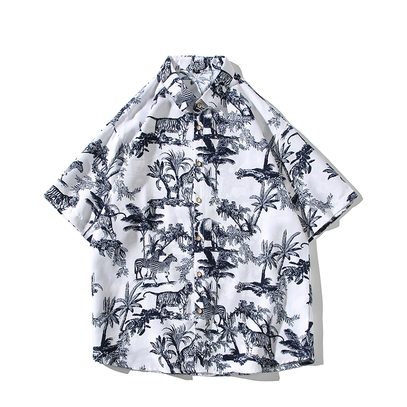 港风白底大码短袖潮老虎花衬衫情侣衬衫D352P30，男装T恤，星座101C（原电商A011-3）