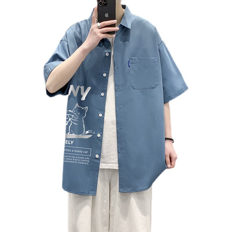 港风大码短袖猫咪衬衫青年男生情侣衬衫D321P28,男装T恤,星座101C（原电商A011-3）