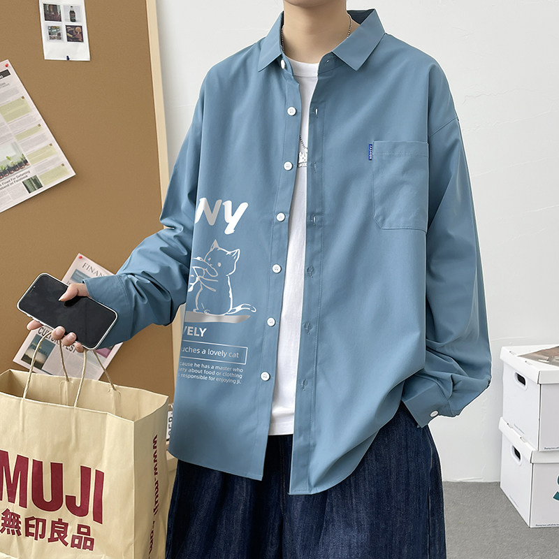 春秋男生港风长袖宽松ins情侣外套大码衬衫模特3021P35,男装衬衫,星座101C（原电商A011-3）