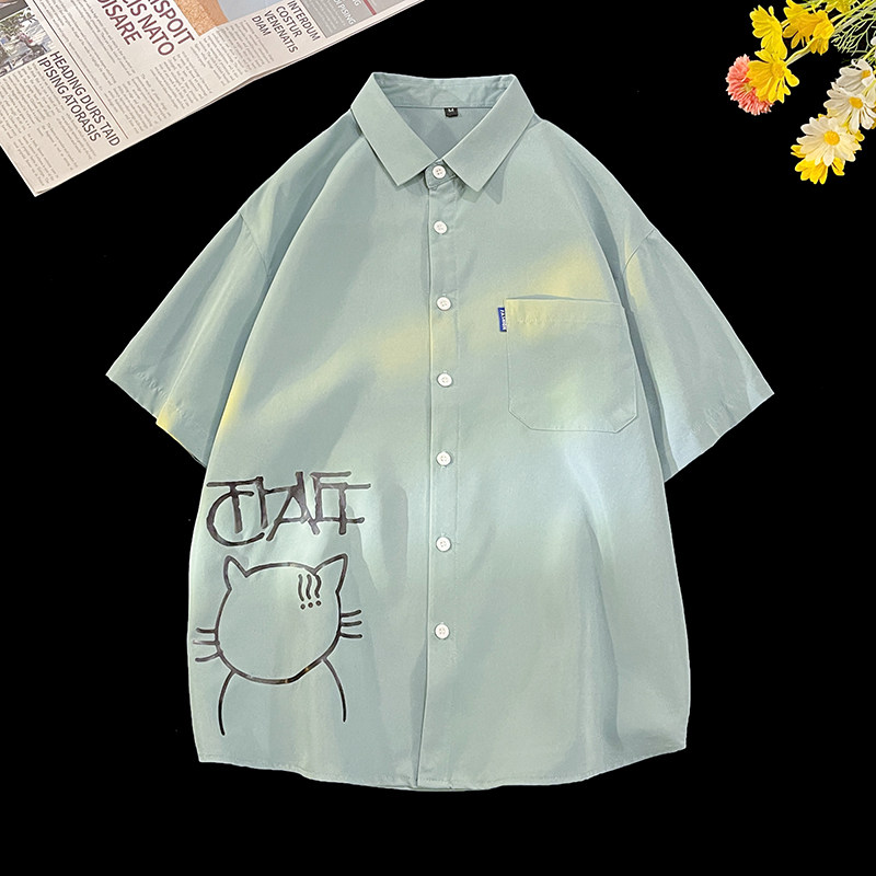A011-3五色大码衬衣短袖日系猫咪夏日青年男衬衫D332 P28图片