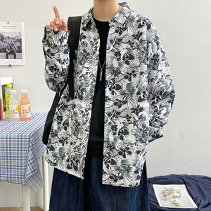 春秋男生港风长袖宽松情侣外套模特大码衬衫3010P35