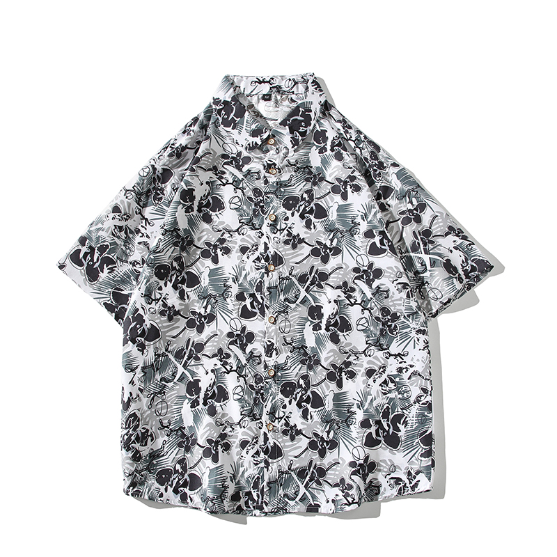 港风白底大码短袖竹子潮花衬衫情侣衬衫D350P30，男装T恤，星座101C（原电商A011-3）