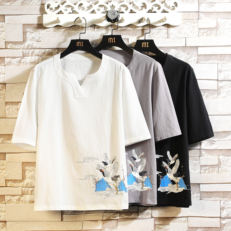 风大码短袖薄款T恤仙鹤棉麻男大码短袖T恤男T621P33，男装T恤，星座101C（原电商A011-3）