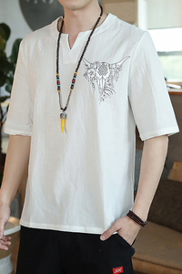 QT4025风纯色薄款腰果花牛头棉麻男大码短袖T恤男 T622 P33图片
