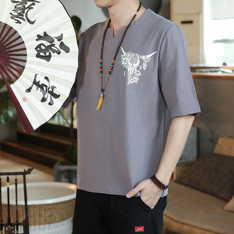 QT4025风纯色薄款腰果花牛头棉麻男大码短袖T恤男T622P33,男装T恤,星座101C（原电商A011-3）