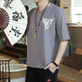 QT4025风纯色薄款腰果花牛头棉麻男大码短袖T恤男T622P33，男装T恤，星座101C（原电商A011-3）
