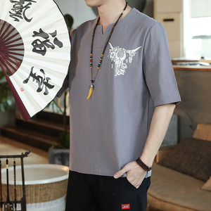 QT4025风纯色薄款腰果花牛头棉麻男大码短袖T恤男 T622 P33图片