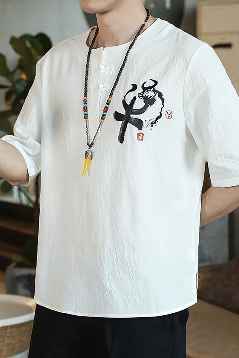 QT4025风牛头短袖薄款T恤棉麻男大码短袖盘扣T恤男T611P33,男装T恤,星座101C（原电商A011-3）