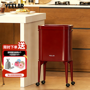 厨房免弯腰中古风垃圾桶红色包豪斯按压款带轮可移动客厅高颜值