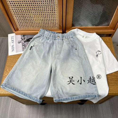 吴小越w2482男童夏装牛仔刺绣短裤宽松中大童男孩中裤夏款五分裤