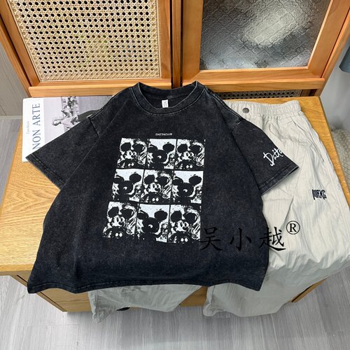 吴小越w2152男童夏款宽松圆领韩版做旧数码印花棉t恤短袖中大童