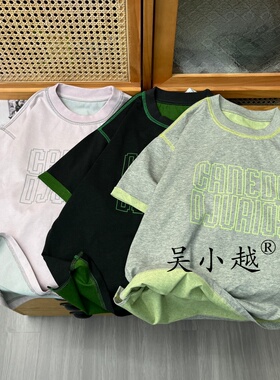 吴小越w2389男童夏款双色棉韩版无感数码印花棉t恤短袖中大童