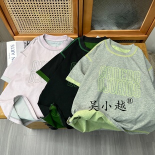 吴小越w2389男童夏款双色棉韩版无感数码印花棉t恤短袖中大童