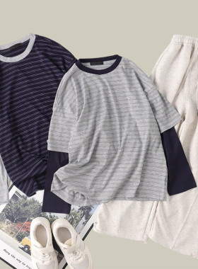 吴小越w1980男童条纹打底衫春款韩版拼接假两件棉感T恤上衣