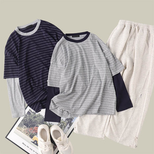 拼接假两件棉感T恤上衣 韩版 吴小越w1980男童条纹打底衫 春款