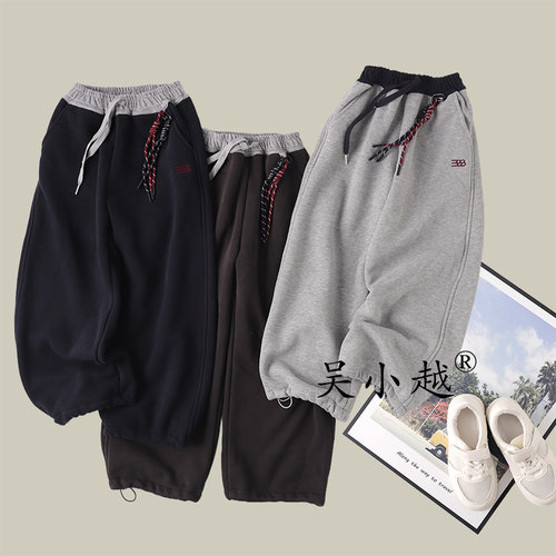 吴小越W1656男童加绒弯刀裤冬款儿童长裤男孩卫裤休闲黑色运动裤