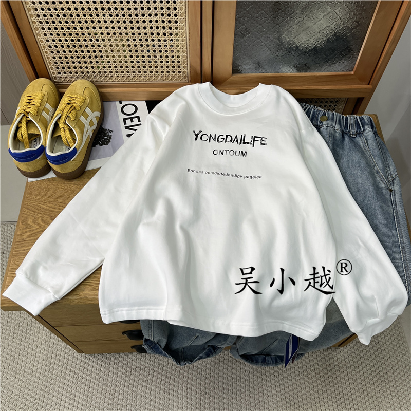 吴小越w1702男童圆领打底衫冬款宽松韩版数码印花绒感t恤中大童