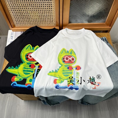 吴小越w2371男童夏款小猫圆领韩版无感数码印花棉t恤短袖中大童