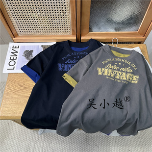 吴小越w2026男童短袖高克重年服韩版数码印花棉t恤中大童