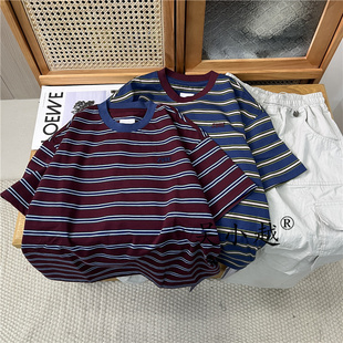 中大童 印花棉t恤短袖 吴小越w2019男童夏款 圆领宽松条纹数码