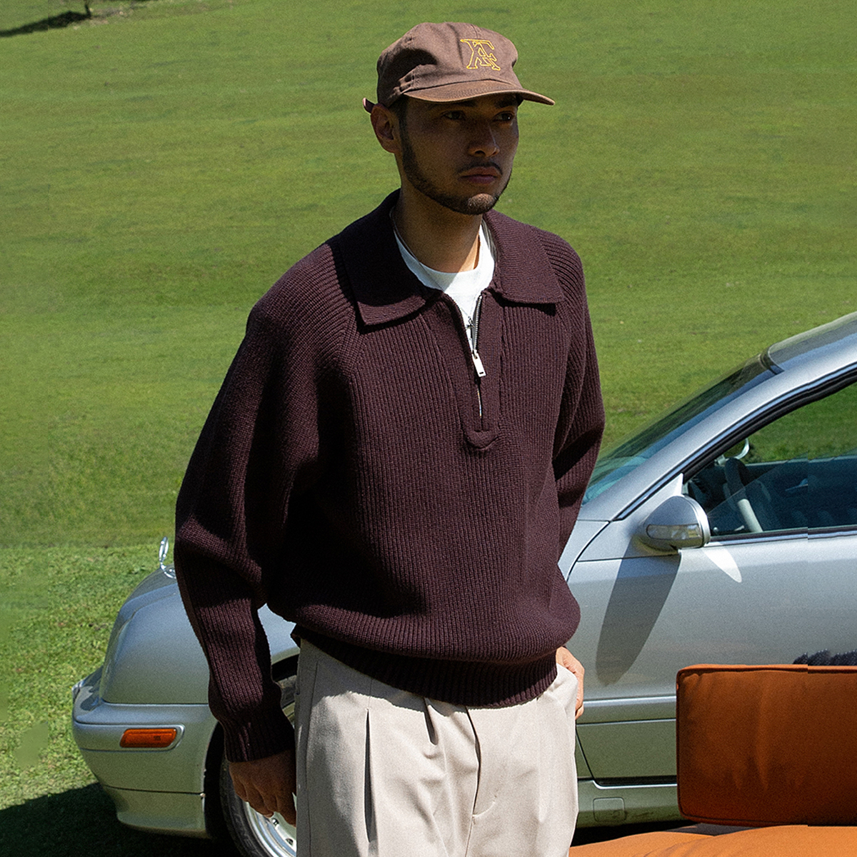 OD半拉链polo领肌理感插肩毛衣