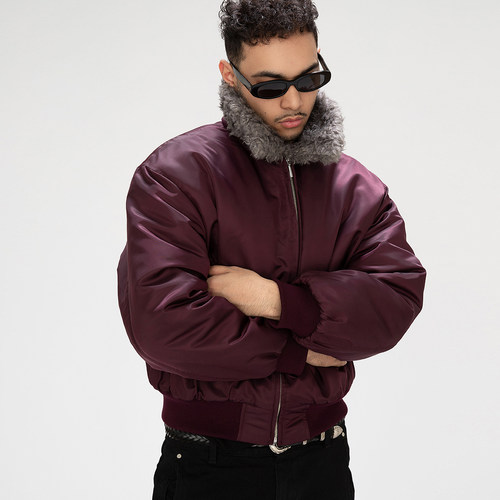 OD可拆卸毛领复古飞行夹克棉服