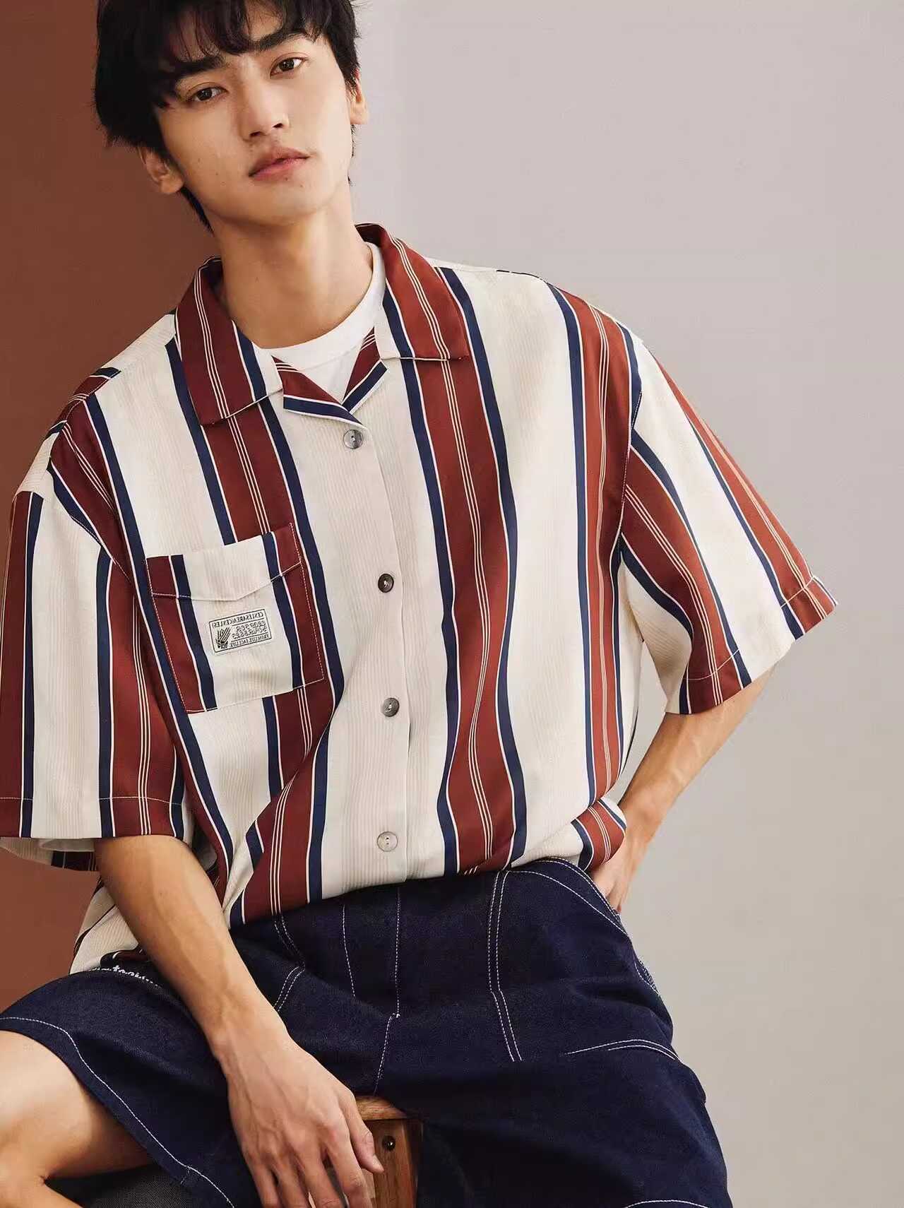 短袖衬衣条纹翻领复古休闲男士