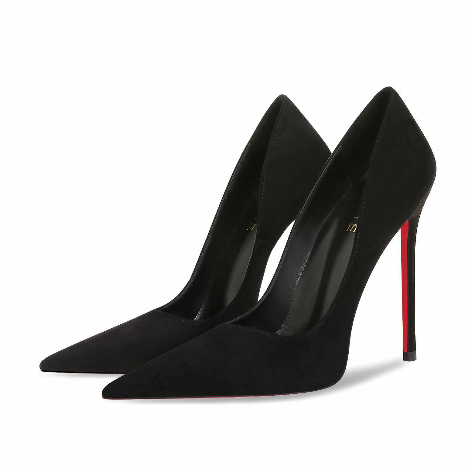 尖头超高跟鞋女2024秋季新款黑色绒面细跟红底浅口单鞋职业工作鞋