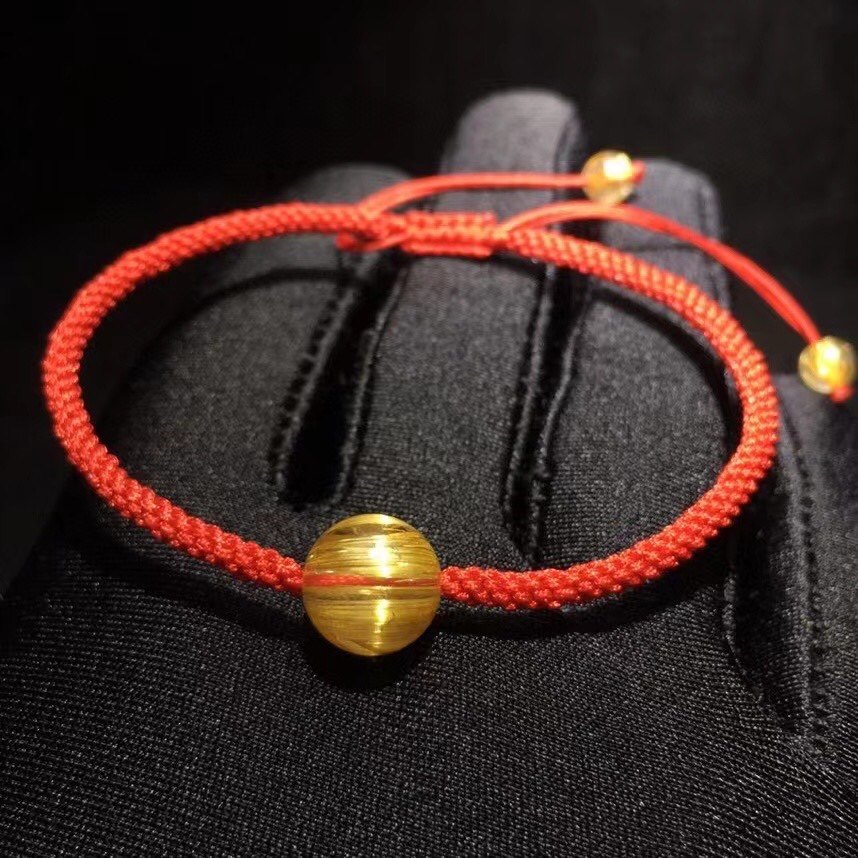 天然水晶红绳手链 钛晶金发晶圆珠路路通转运珠本命年中国红手链