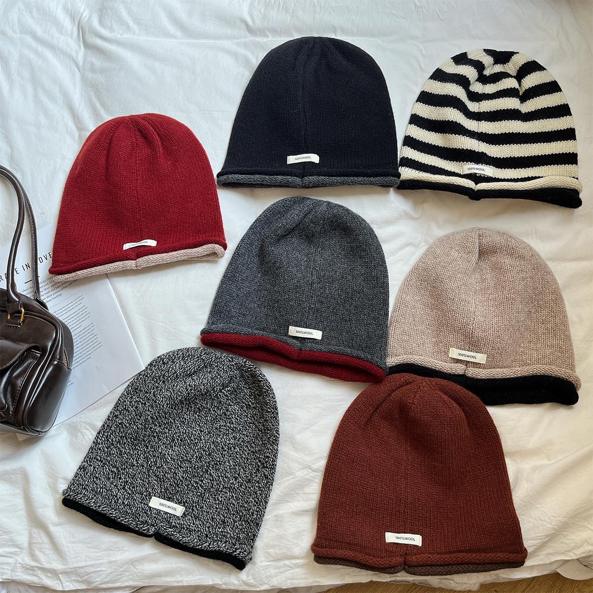 100％WOOL松弛感纯羊毛堆堆帽双边冷酷感高弹力针织冷帽男女款冬