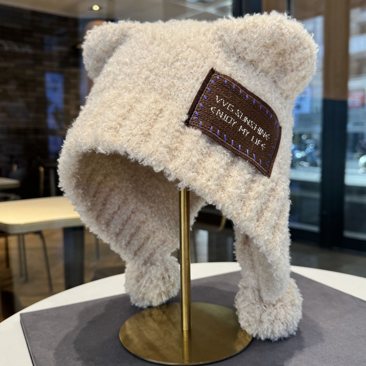 可爱小熊耳朵球球泰迪毛绒帽子女秋冬季百搭保暖护耳毛线帽显脸小