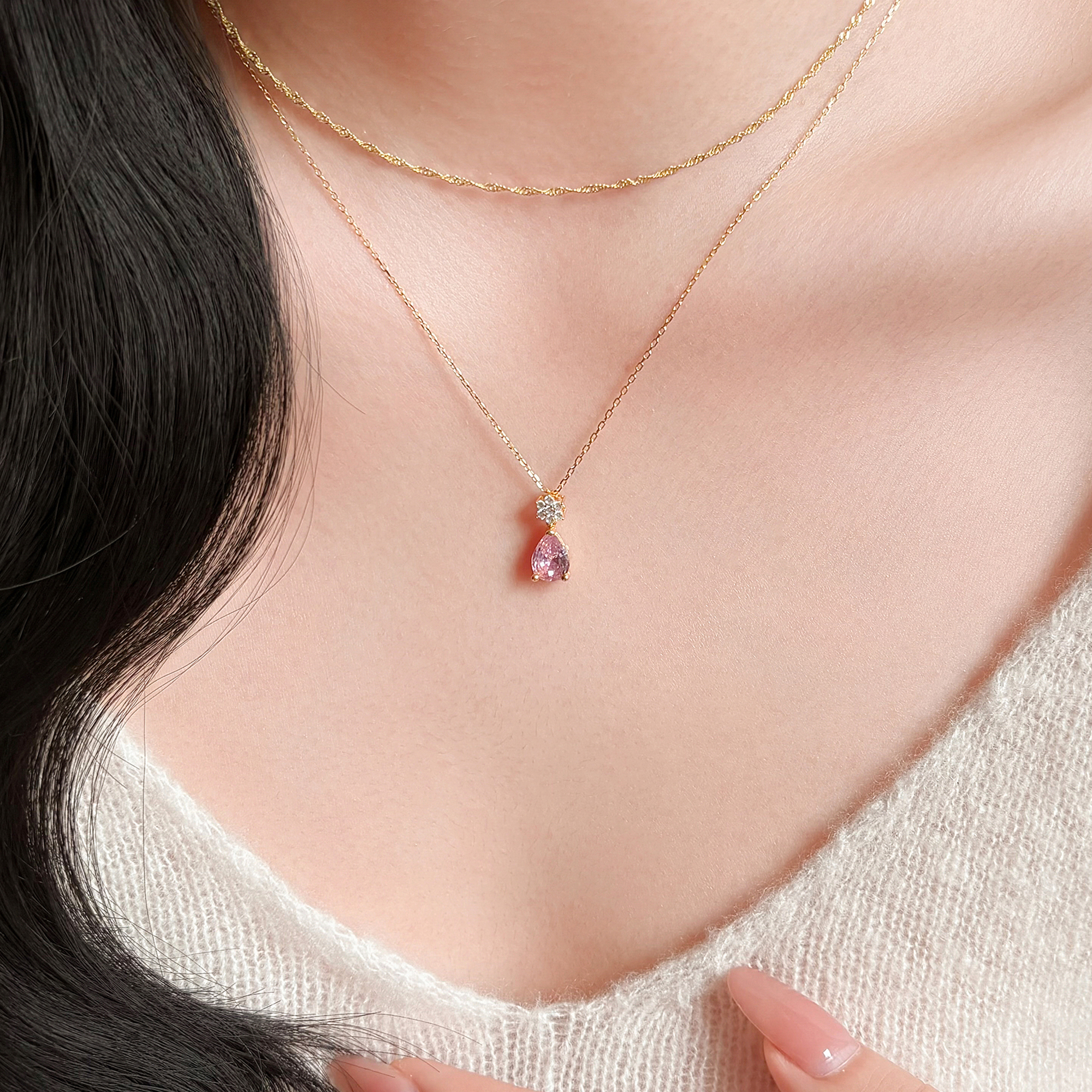 少女露西/纯银水滴少女粉钻项链