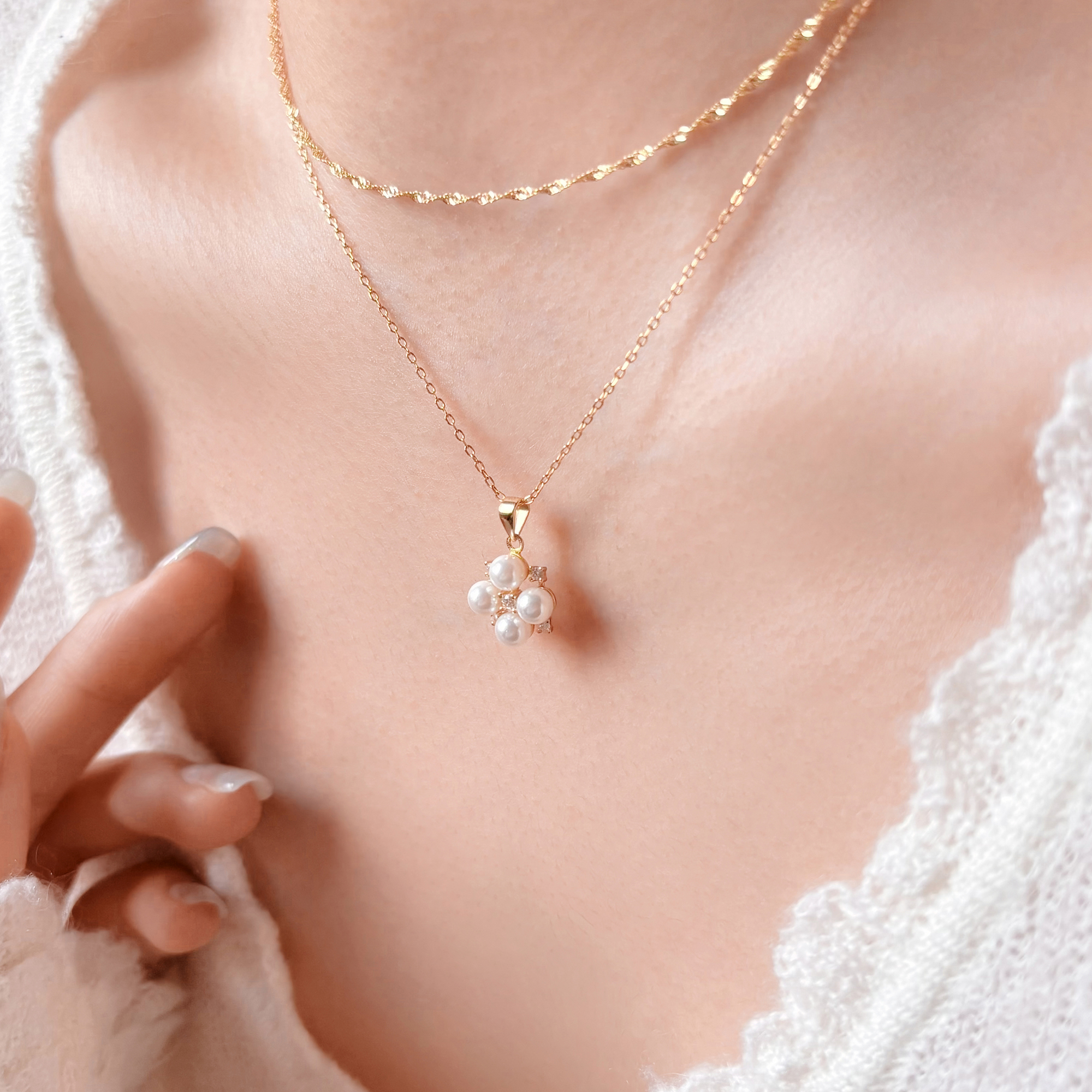 花未眠/925纯银珍珠锆石花朵项链