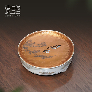 臻宝堂壶承白瓷圆形干泡台纯手工雕松针铜盖小号茶盘家用茶具配件