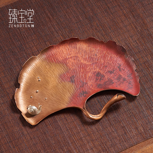 臻宝堂纯铜手工锤纹银杏叶壶承