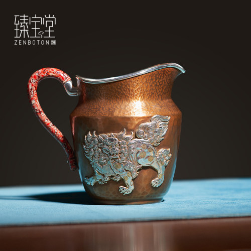 臻宝堂铜包银手工浮雕狮子公道杯