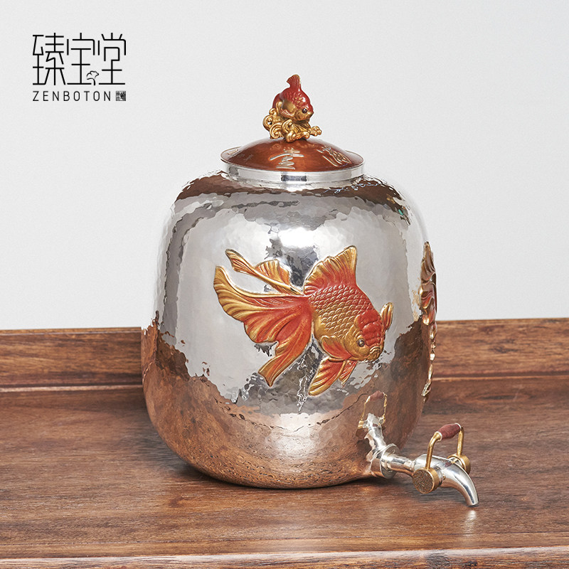 臻宝堂水缸9999纯银储水罐纯手工刻金鱼带龙头足银净水器泡茶茶具