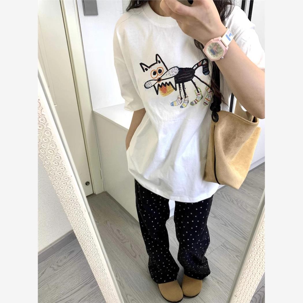 重磅纯棉白色短袖t恤女2024夏季新款美式正肩设计感半袖宽松上衣