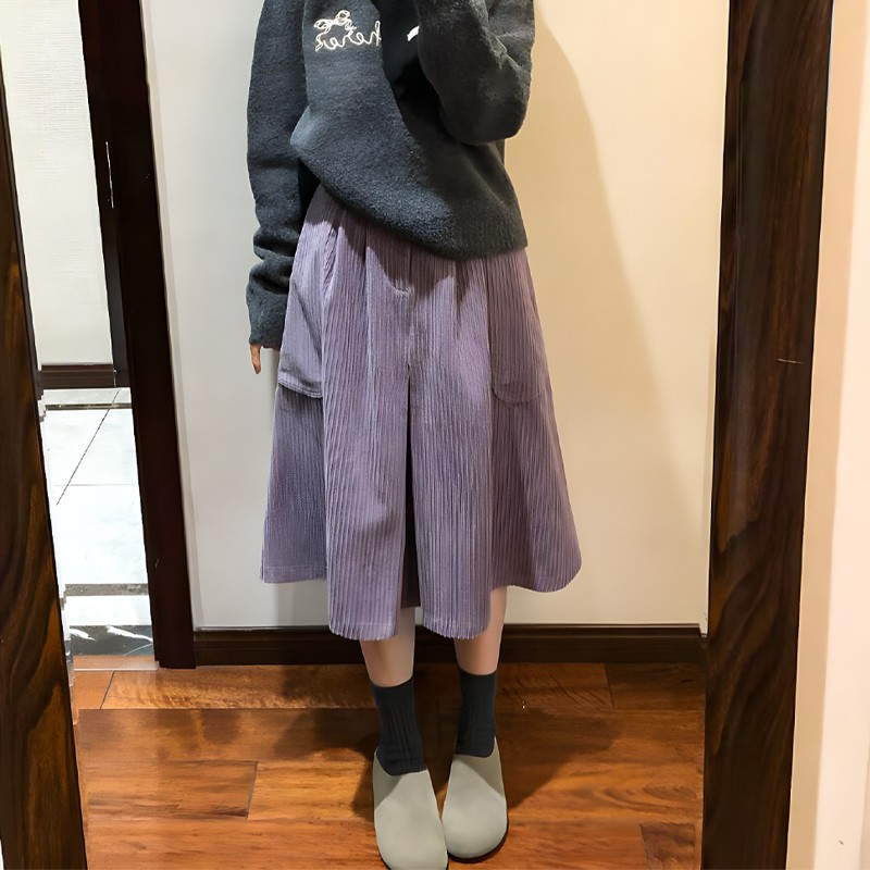 日系休闲双口袋灯芯绒伞裙半身裙2025早春新款高腰显瘦淡紫色长裙