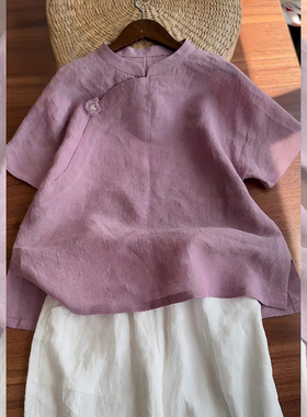 新中式国风古典素雅紫色亚麻短袖女2025夏季新款复古立领高级上衣