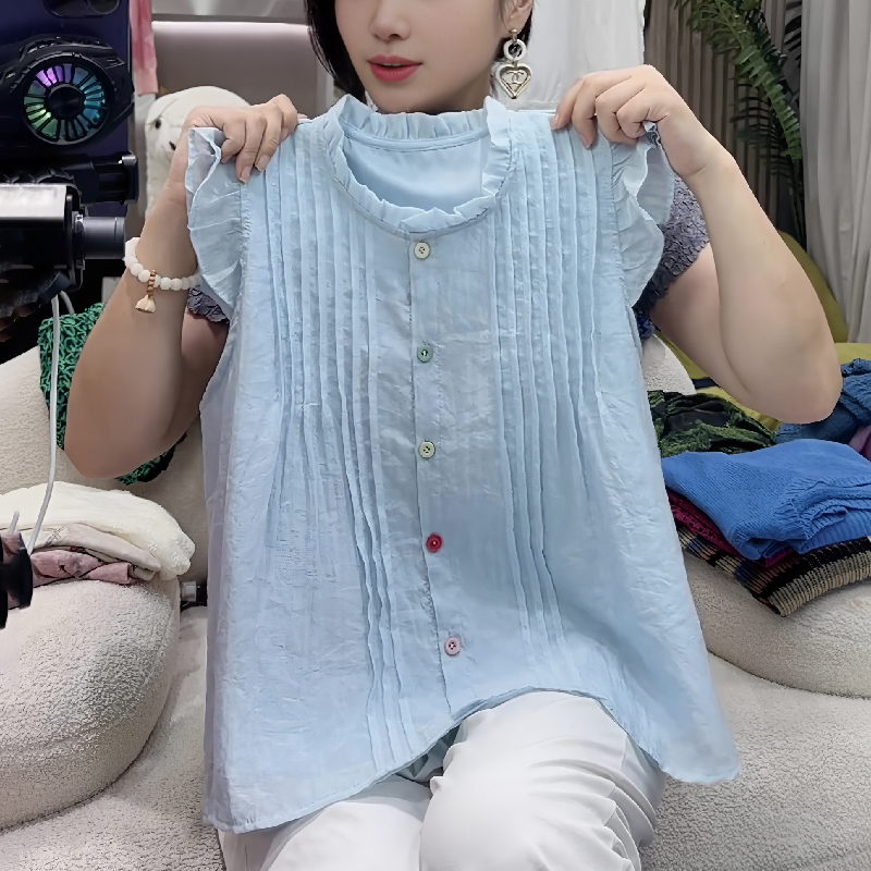 浅蓝色温柔优雅小飞袖花边衬衫女2025夏季新款气质高级精致上衣潮