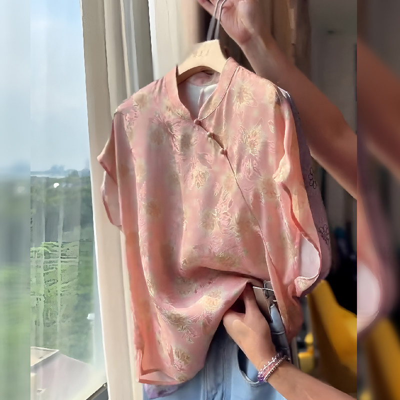 新中式国风温婉淡雅粉色提花短袖女2025夏季新款立领大方古典上衣