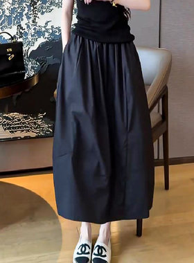 小众设计感黑色褶皱半身裙女2025夏季新款大码遮垮百搭a字花苞裙