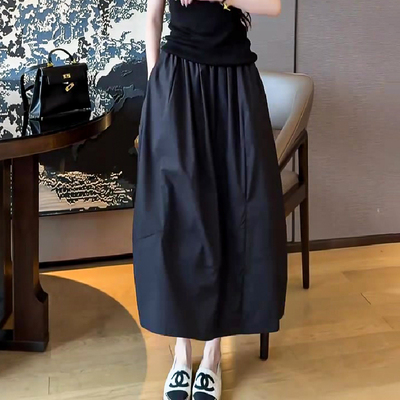 小众设计感黑色褶皱半身裙女2025夏季新款大码遮垮百搭a字花苞裙