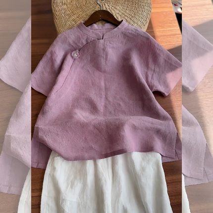 新中式国风复古淡雅紫色亚麻短袖女2025夏季新款大码立领高级上衣