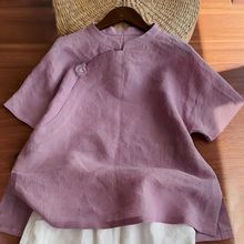 新中式国风复古雅致紫色亚麻短袖女2025夏季新款复古立领高级上衣