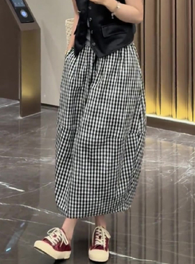 老钱风格纹开叉花苞裙女2025春季新款复古百搭气质高级流行半身裙